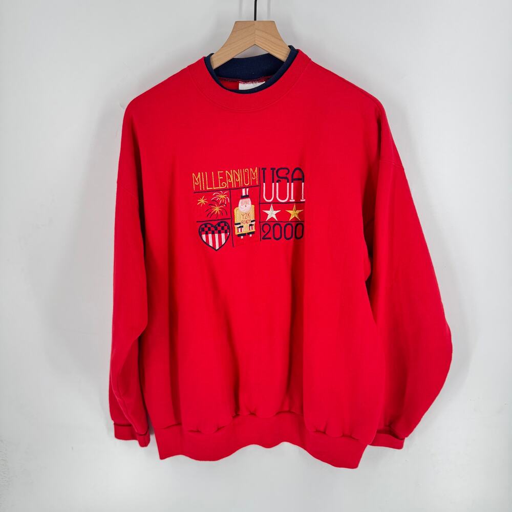 Y2K Millennium USA 2000 Embroidered‎ Red Sweatshirt Vintage XL Patriotic Vintage